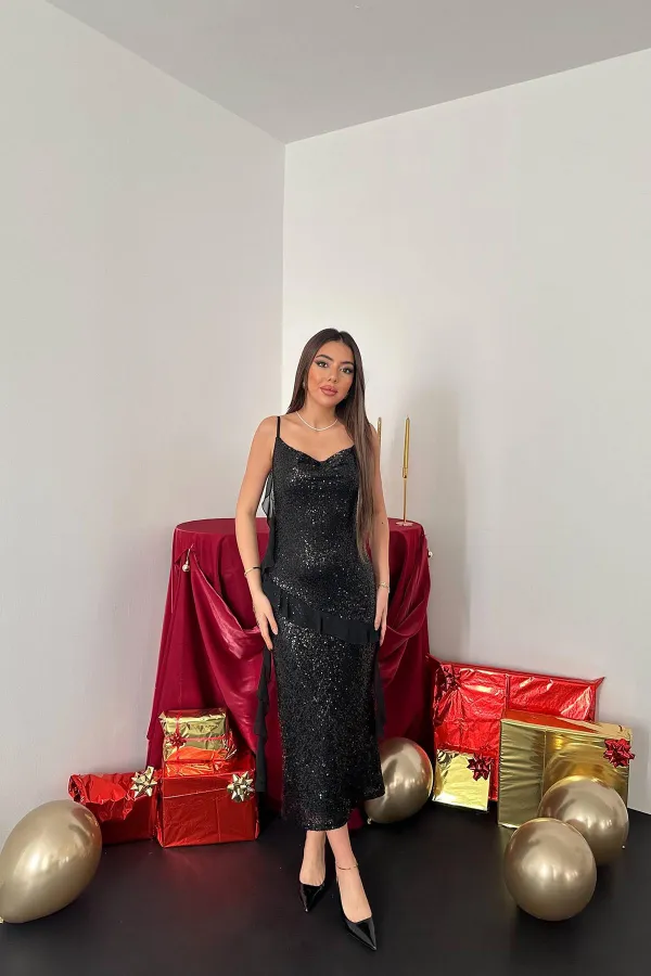 Wholesale Black Sequined Chiffon Ruffle Dress