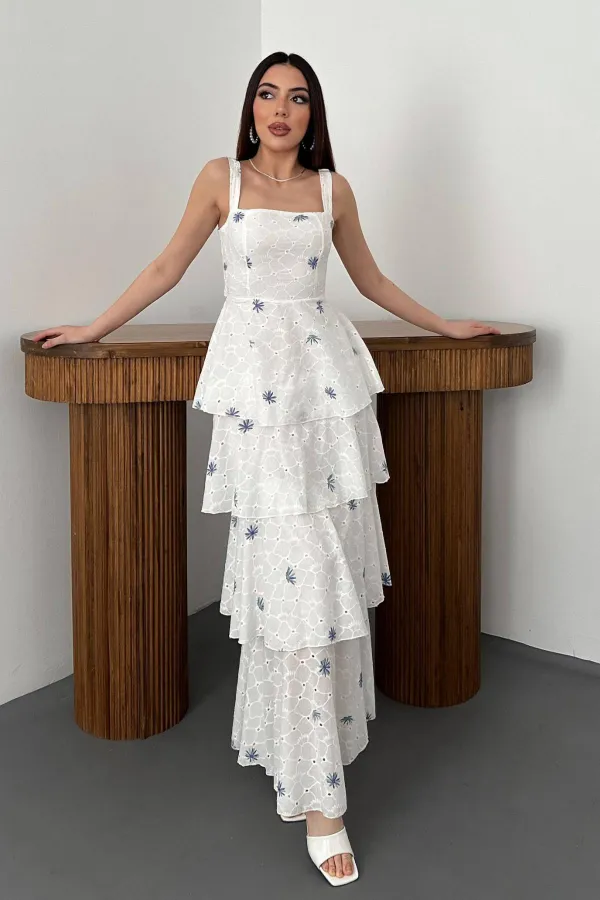 Toptan Lila Çiçek Desenli Kat Kat Arkası Bağlamalı Elbise