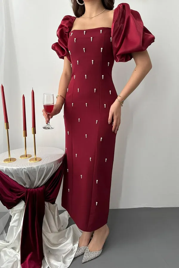 Robe bordeaux à manches brodées en gros