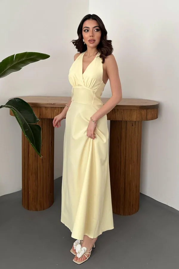 Toptan Sarı Atlas Göğüs Kuplu Elbise