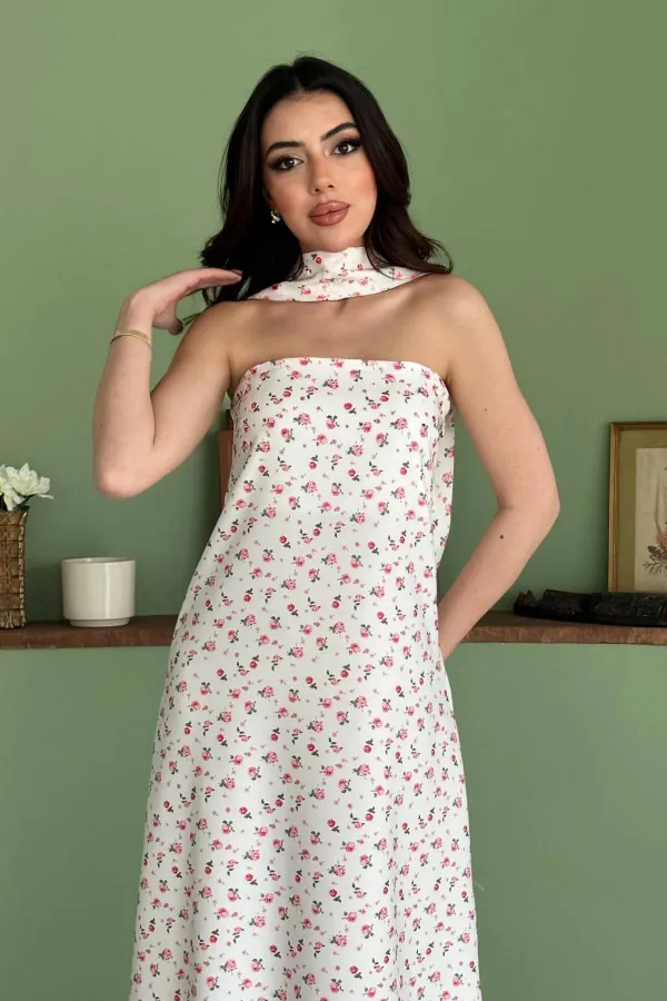 Toptan Beyaz Boyundan Fularlı Elbise