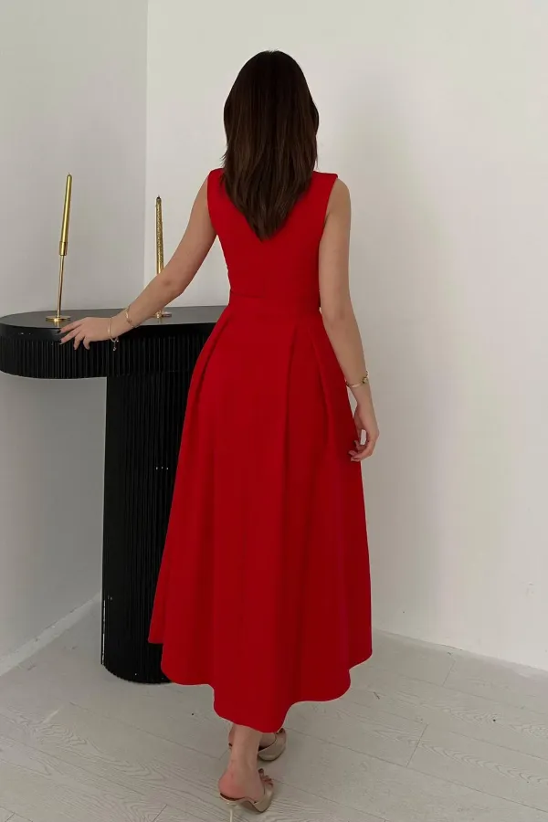 Toptan Kırmızı Halter Yaka Kloş Elbise