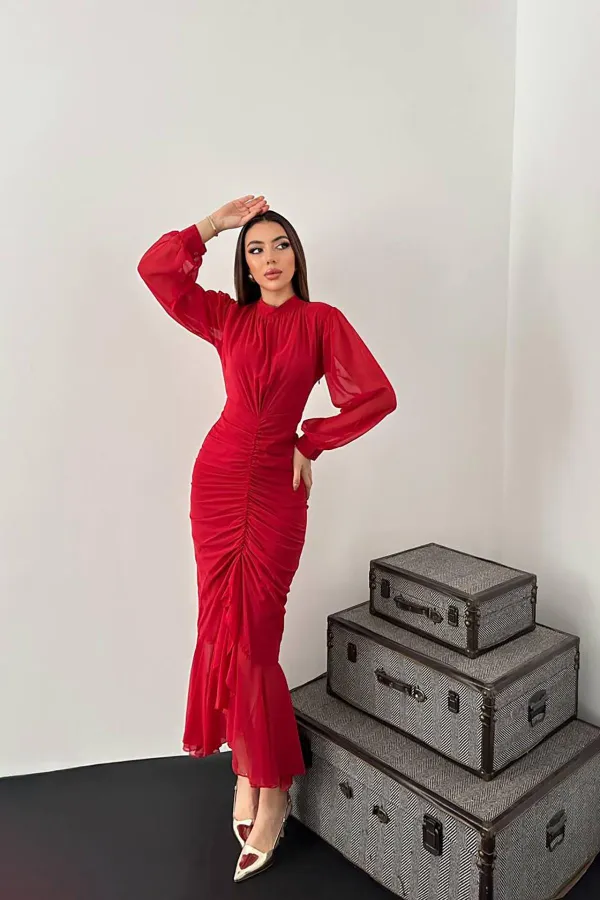 Robe en mousseline plissée rouge en gros