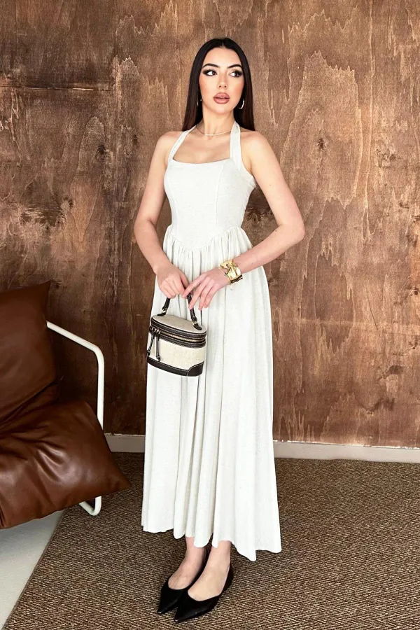 Robe en lin beige à col licou en gros