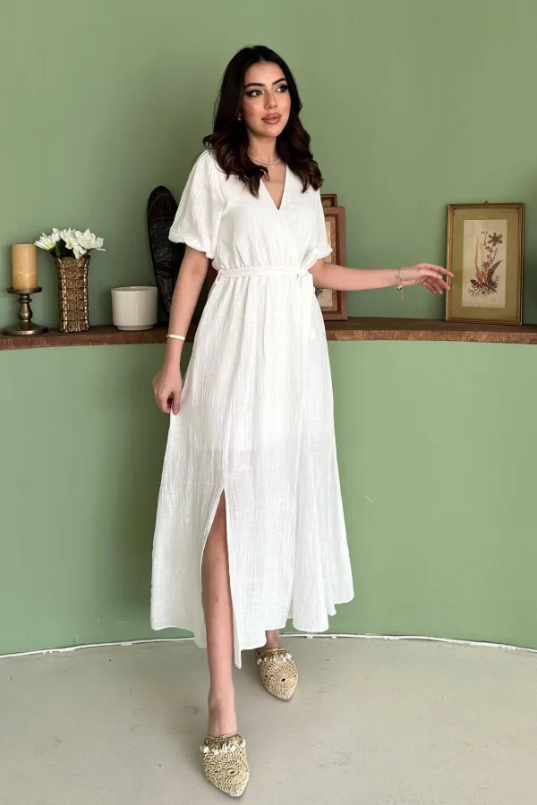 Toptan Beyaz Kruvaze Yaka Müslin Keten Elbise