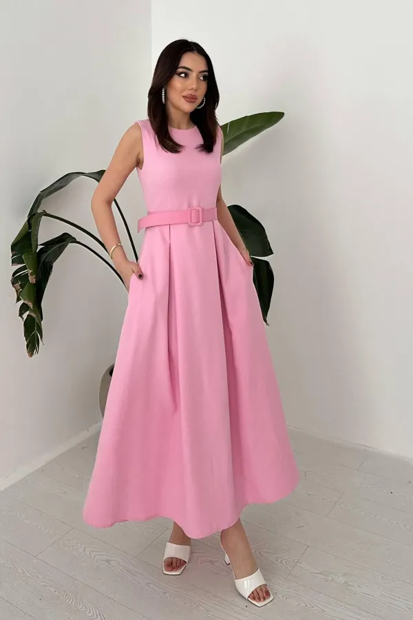 Toptan Pembe Halter Yaka Kloş Elbise