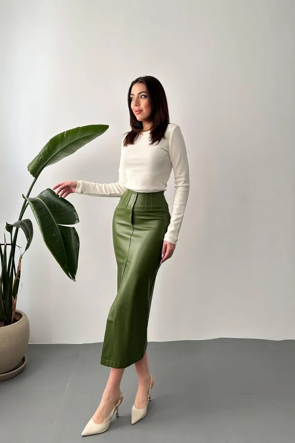 Jupe fendue et brodée kaki clair en gros