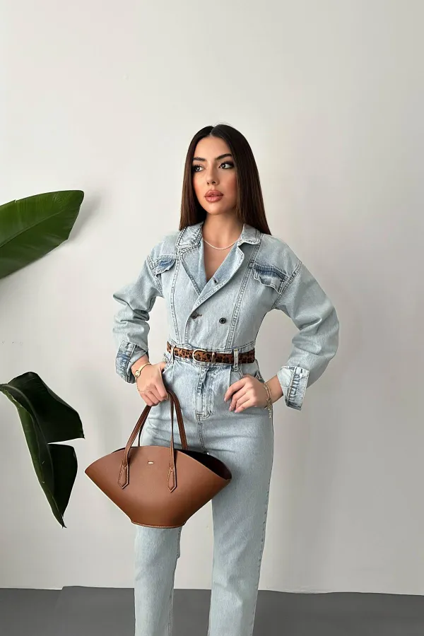 Salopette en jean bleu délavé à la neige en gros