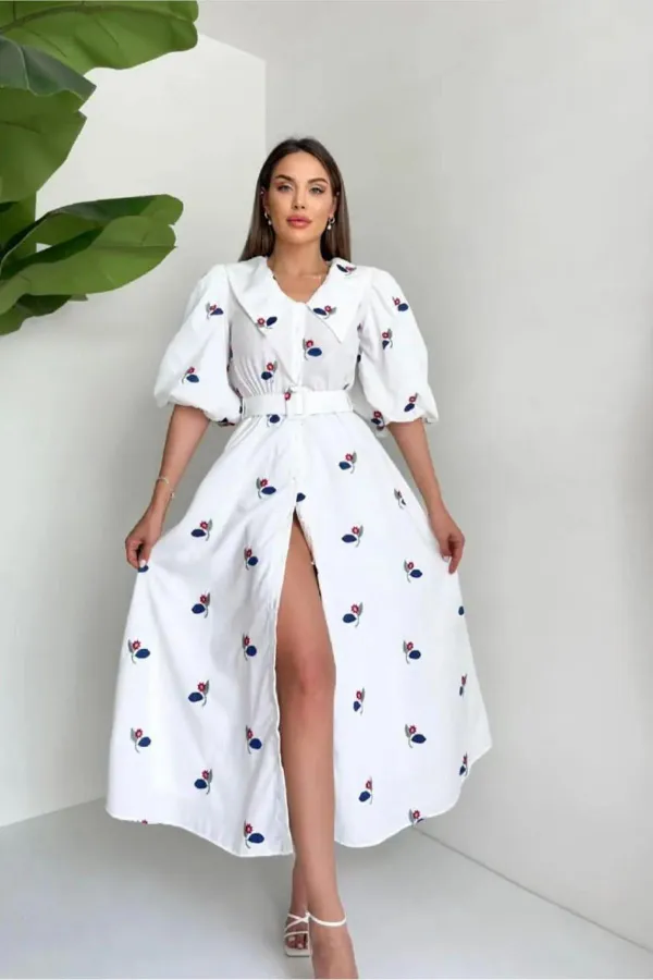 Toptan Kırmızı Yakası Çiçek Motifli Kemerli Elbise