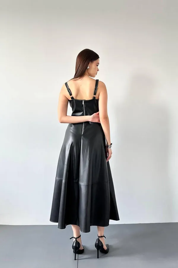 Toptan Siyah Askılı Deri Elbise