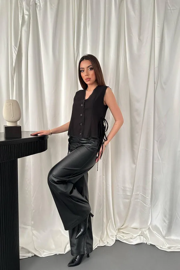 Toptan Siyah Yanları Bağcıklı Yelek