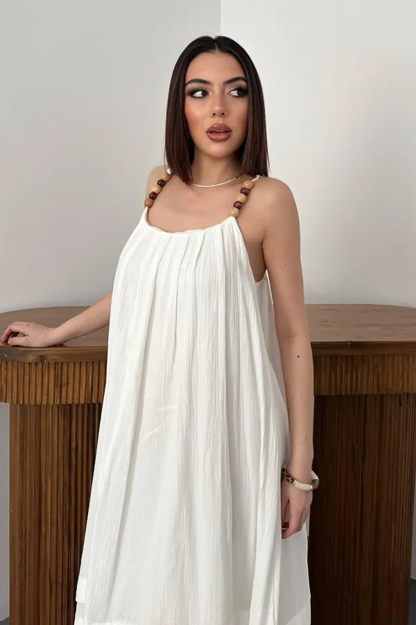 Toptan Ekru Askılı Müslin Elbise