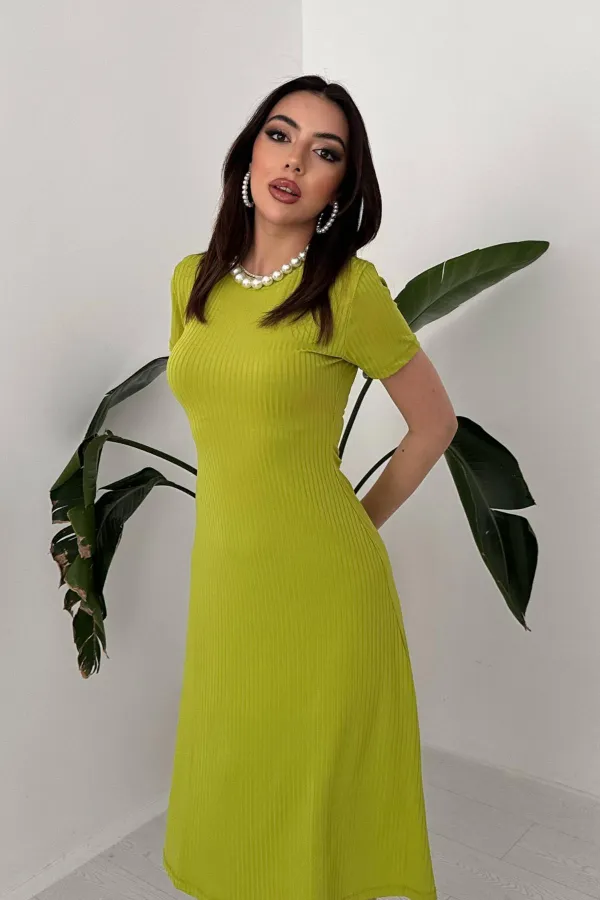 Toptan Yeşil Basic Fitilli Midi Elbise