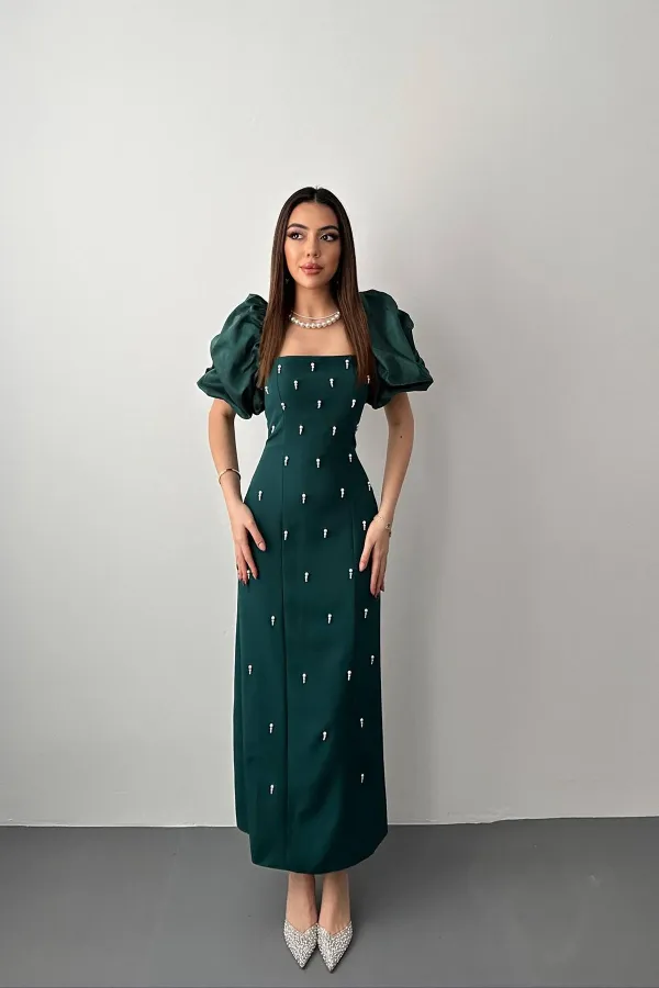 Robe à manches brodées d'émeraude en gros