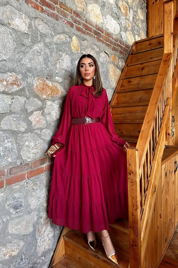 Robe en mousseline bordeaux en gros avec col foulard