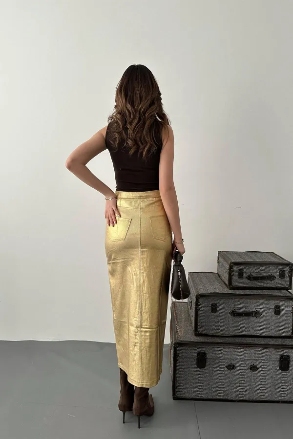 Jupe fendue en gabardine à feuilles d'or en gros