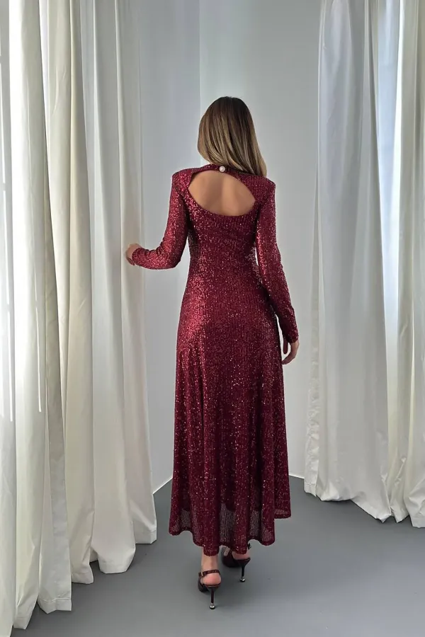 Toptan Bordo Sırt Dekolteli Pulpayet Elbise