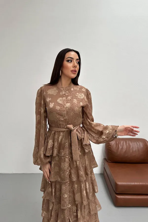 Toptan Vizon Valonlu Şeritli Kat Kat Elbise