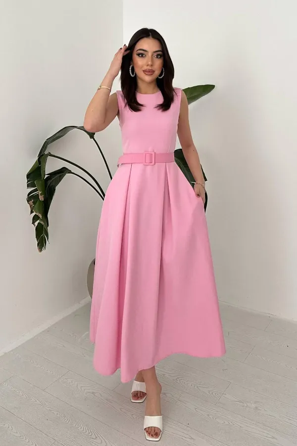 Toptan Pembe Halter Yaka Kloş Elbise