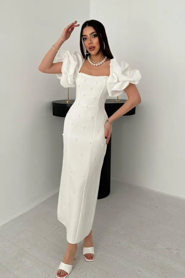 Toptan Ekru İşlemeli Kolu Garnili Elbise