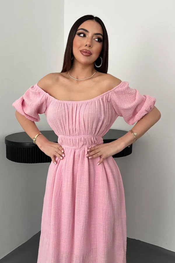 Robe en mousseline de lin rose à col froncé, vente en gros