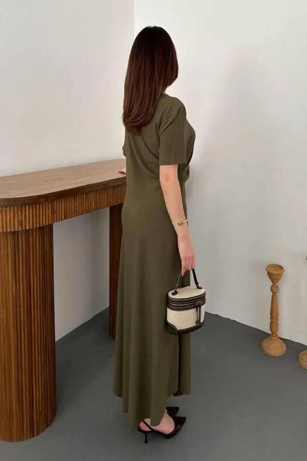 Toptan Haki Pileli Bisiklet Yaka Elbise