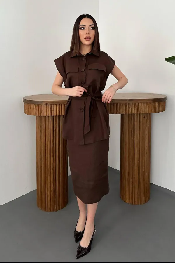 Toptan Kahverengi Cepli Gömlek Ve Etek Takım