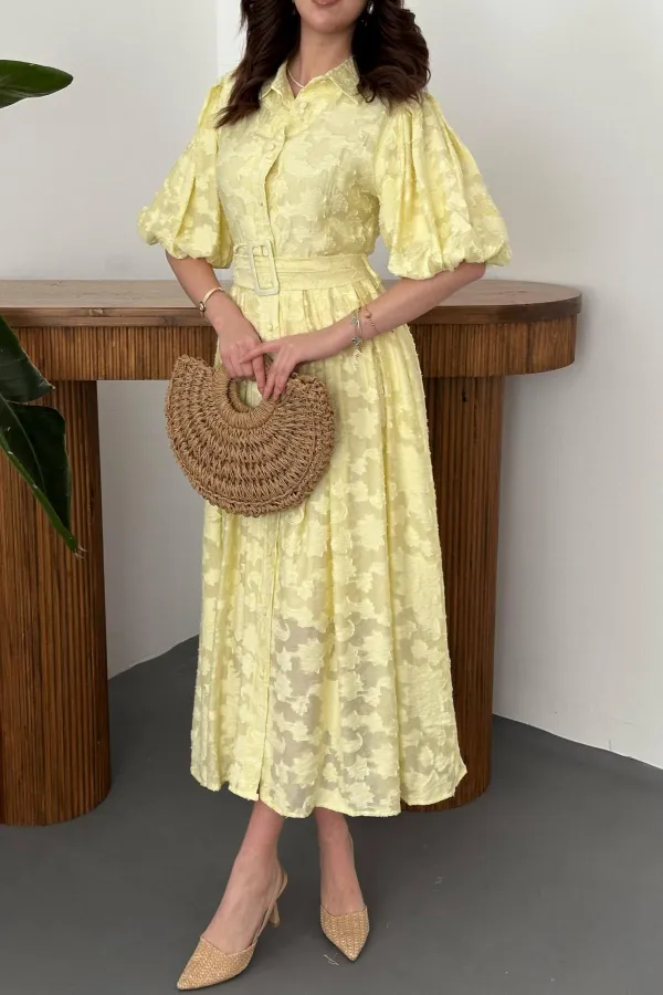 Robe jaune à manches ballon avec ceinture en gros