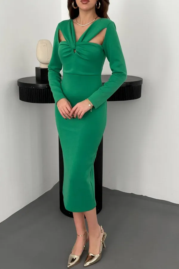 Toptan Yeşil Göğüsü Büklüm Elbise