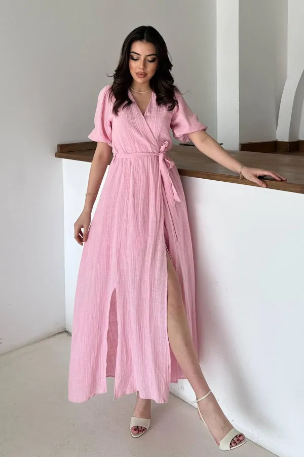 Toptan Pembe Kruvaze Yaka Müslin Keten Elbise