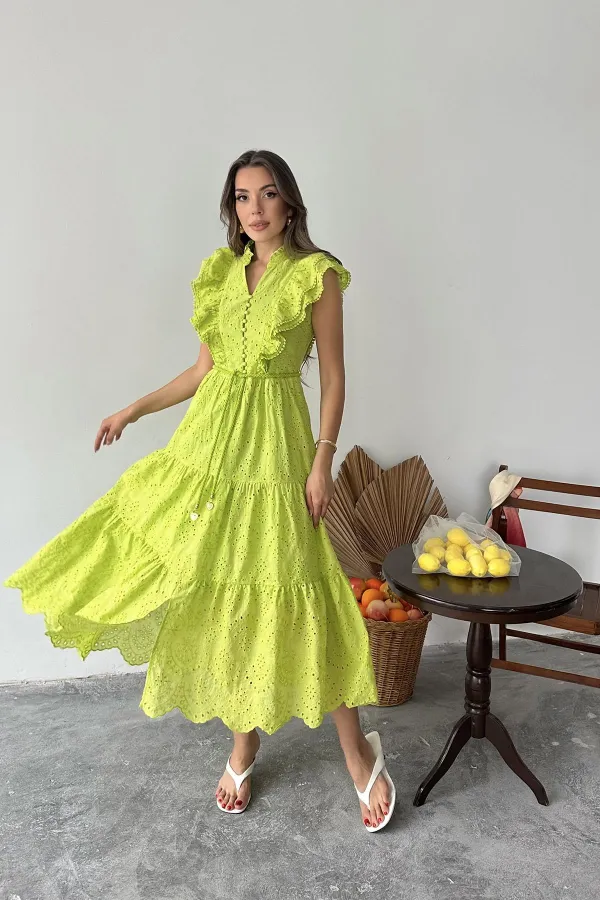 Robe boutonnée à volants vert pétrole en gros