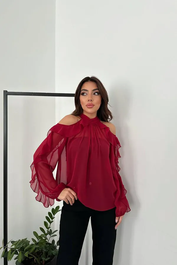 Toptan Bordo Omuzları Açık Bluz