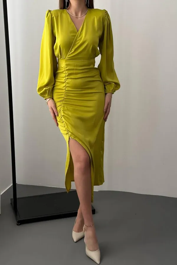 Robe en satin vert pétrole à col en V en gros