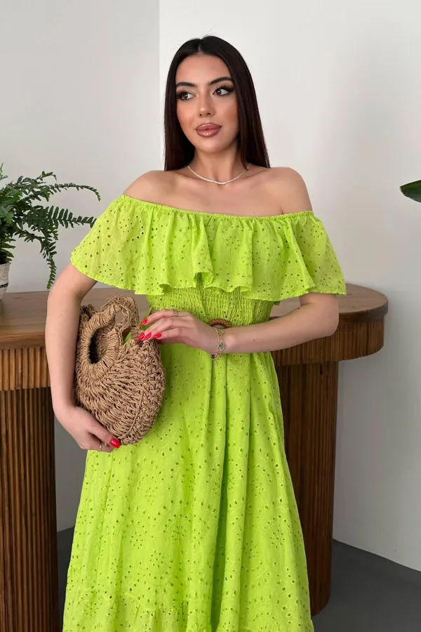 Wholesale Oil Green Elastic Shoulder Embroidered Dress