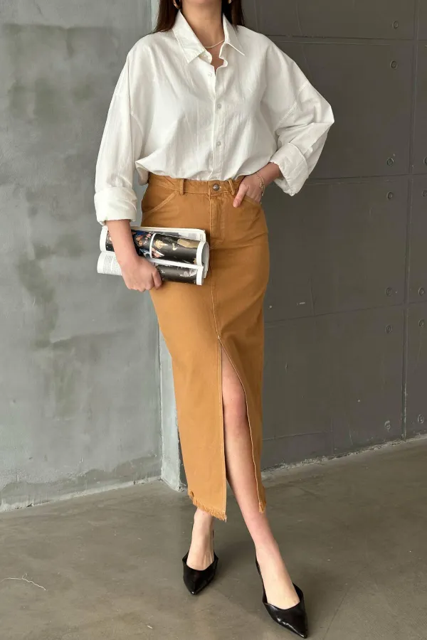 Toptan Camel Gabardin Boyamalı Püsküllü Etek