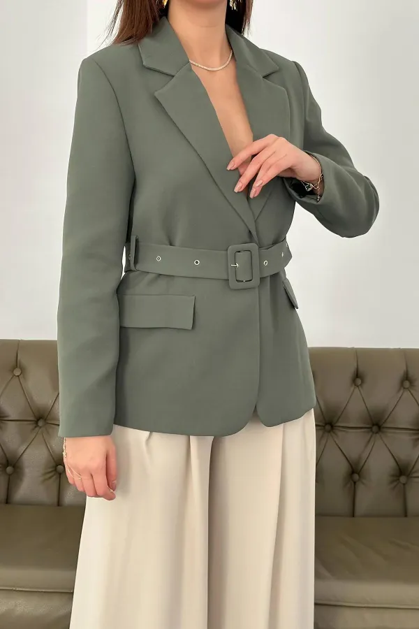 Wholesale Khaki Jacket with Pocket Flap and Belt
