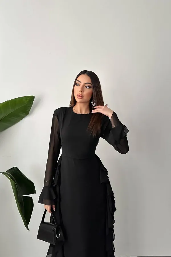 Toptan Siyah Volanlı Şifon Elbise