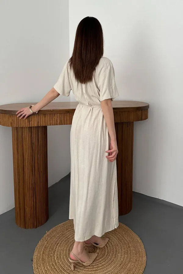 Toptan Bej Salaş Keten Elbise