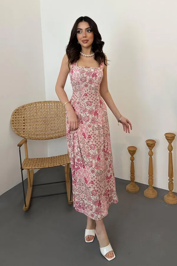 Toptan Pembe Çiçekli Viskon Elbise