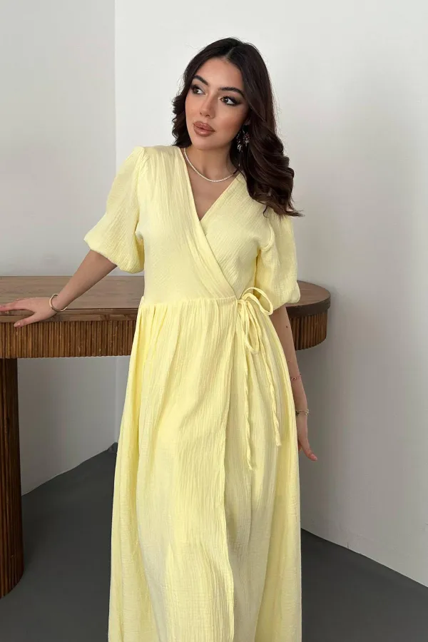 Robe longue jaune en mousseline de mousseline en gros