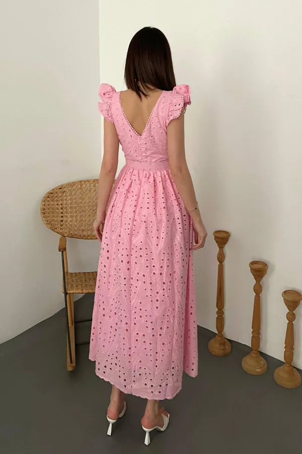 Toptan Pembe Dantelli Brode Elbise