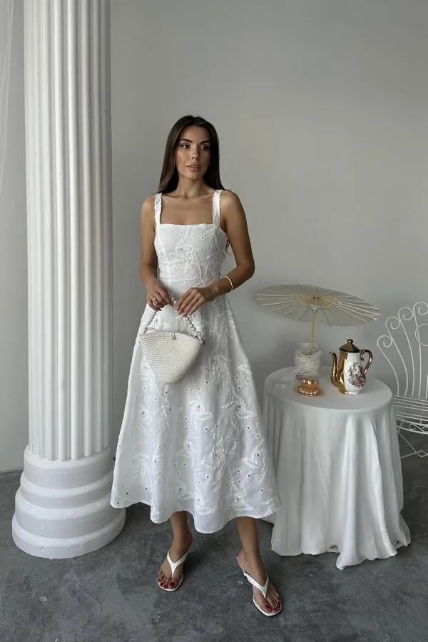 Toptan Beyaz Arkası Korse Detaylı Uzun Elbise