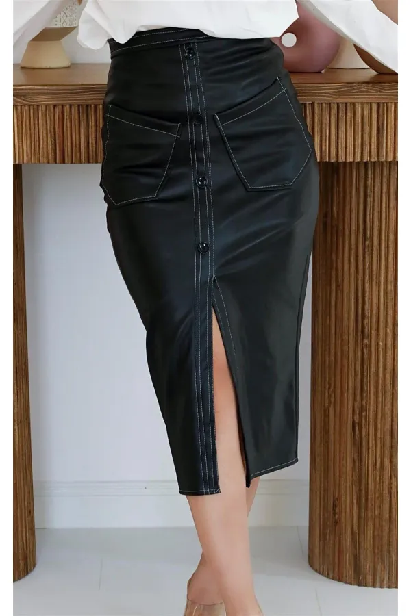 Toptan Siyah Cep Detaylı Deri Etek