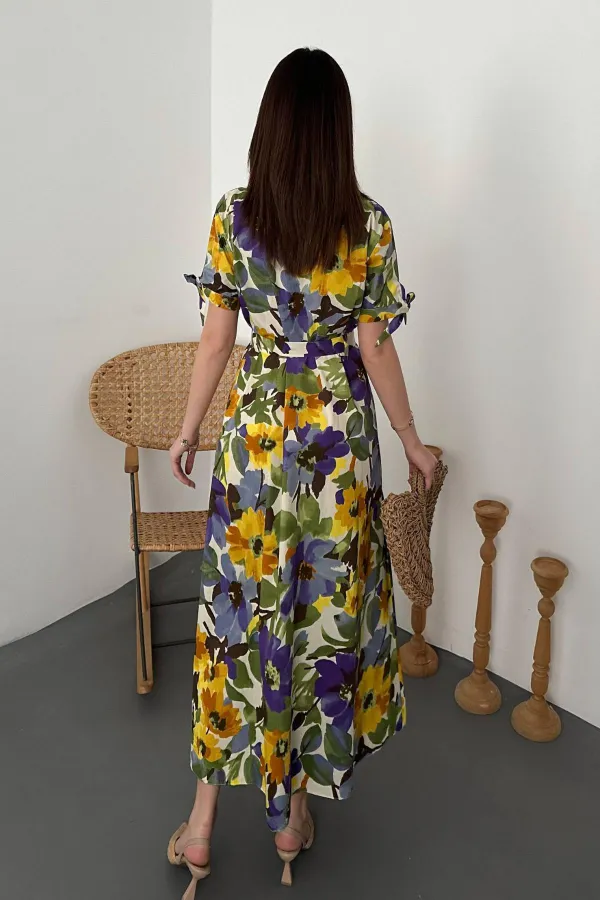 Toptan Mavi Desenli Uzun Pileli Elbise