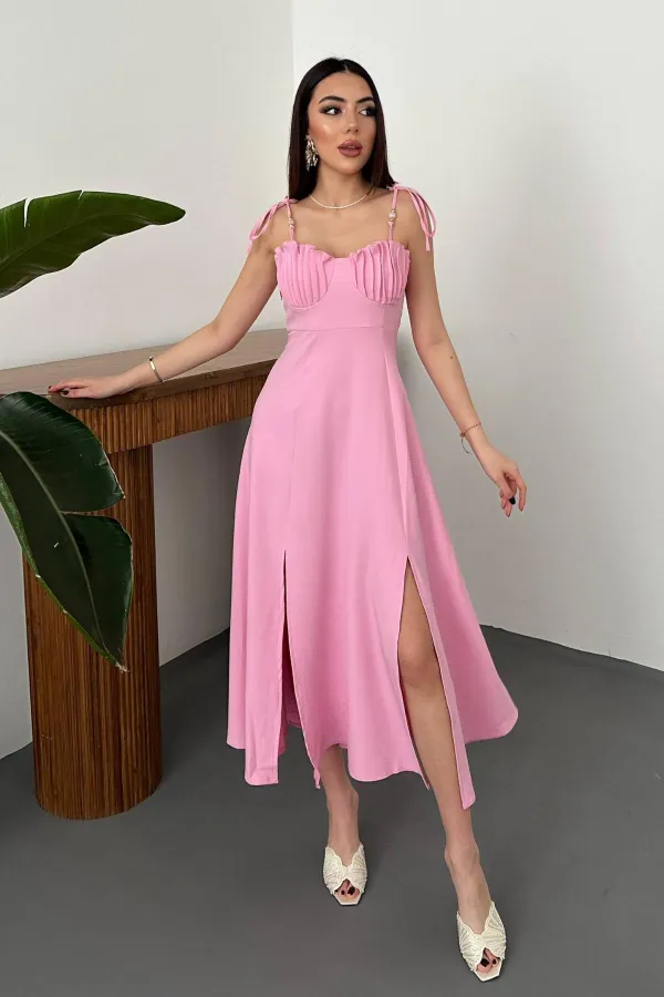 Wholesale Pink Slit Chest Cup Atlas Dress