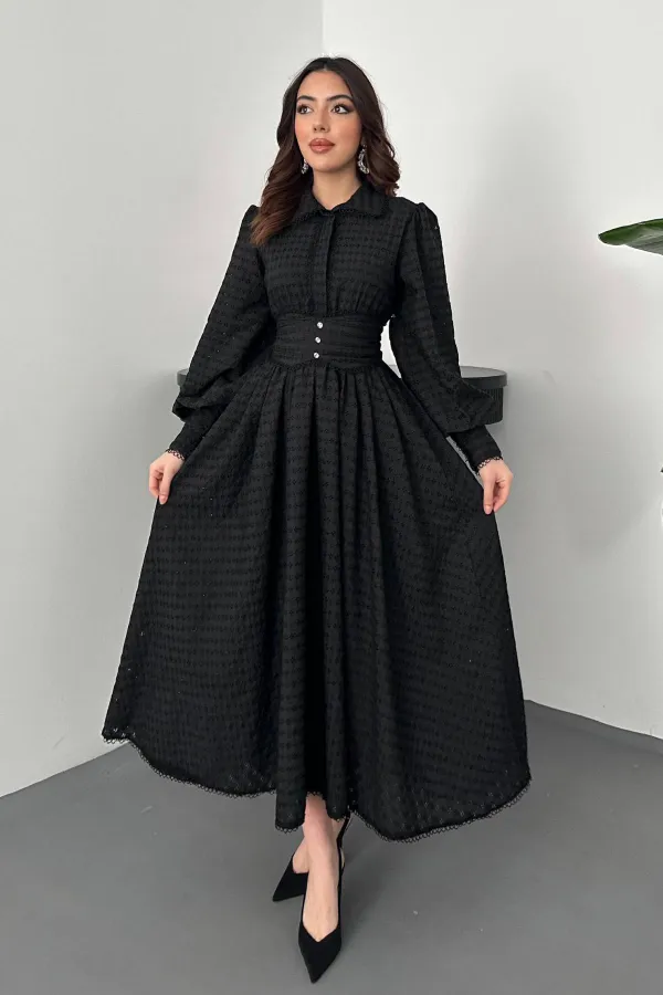 Toptan Siyah Brode Kemerli Fisto Elbise