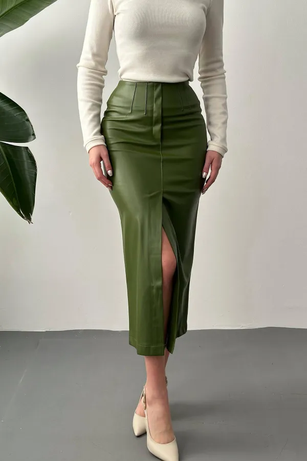 Jupe fendue et brodée kaki clair en gros