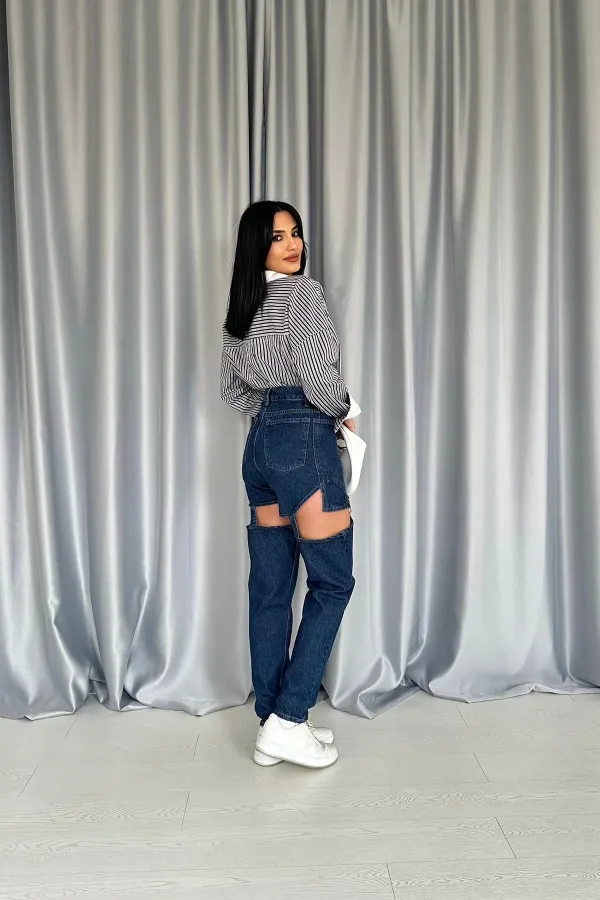 Toptan Mavi Askılı İki Parça Jeans Pantolon