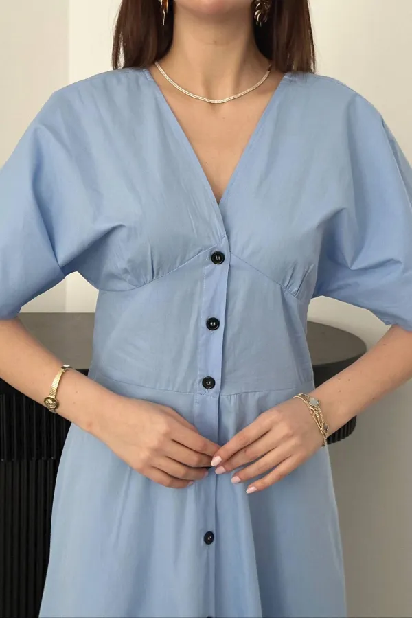 Toptan Mavi Düğmeli Midi Boy Poplin Elbise