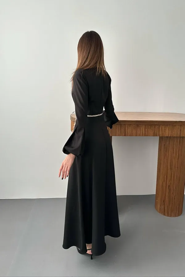 Toptan Siyah Balon Kollu Kuşaklı Elbise